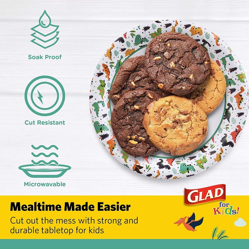 Glad for Kids 7-Inch Paper Plates | Small Round Paper Plates With Cute Dinosaur Design for Kids | Heavy Duty Disposable Soak Proof Microwavable Paper Plates for All Occasions, 120 Count - Image 3